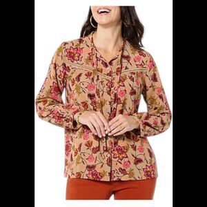 TWRHLL Women's Crochet Detail Neck-Tie Peasant Top Taupe Paisley - Regular